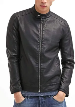 World of Leather Men's Genuine Lambskin Biker Leather Jacket Moto Shoulder Quilted