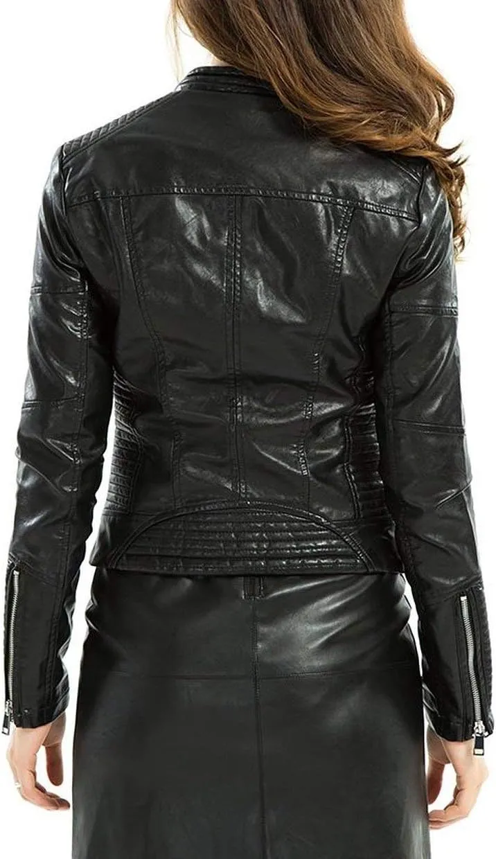 World of Leather Women's Moto Leather Jacket Stylish Biker Quilted