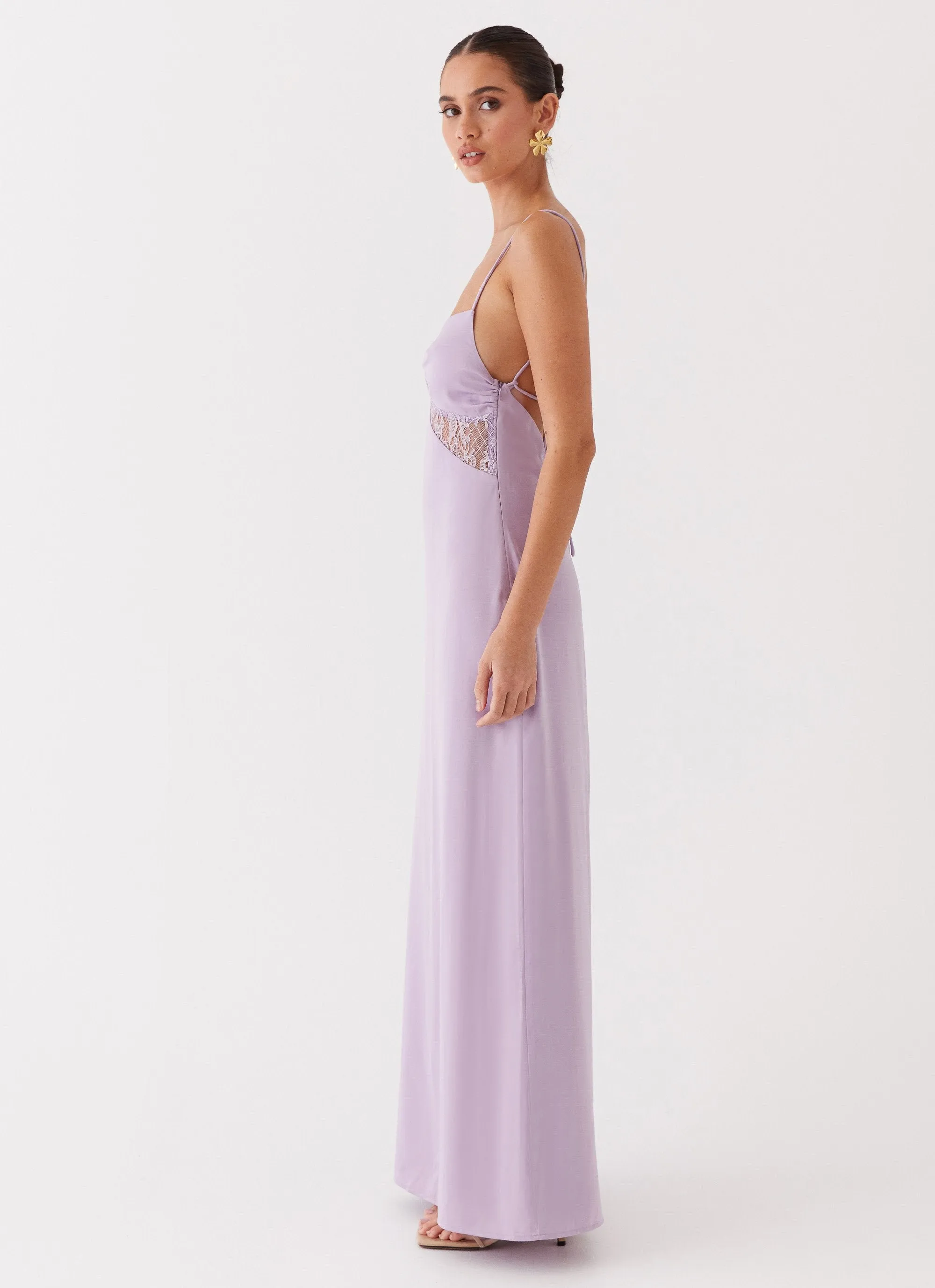 Jewel Tones Travel-Style Dream Sight Lace Satin Maxi Dress - Lilac