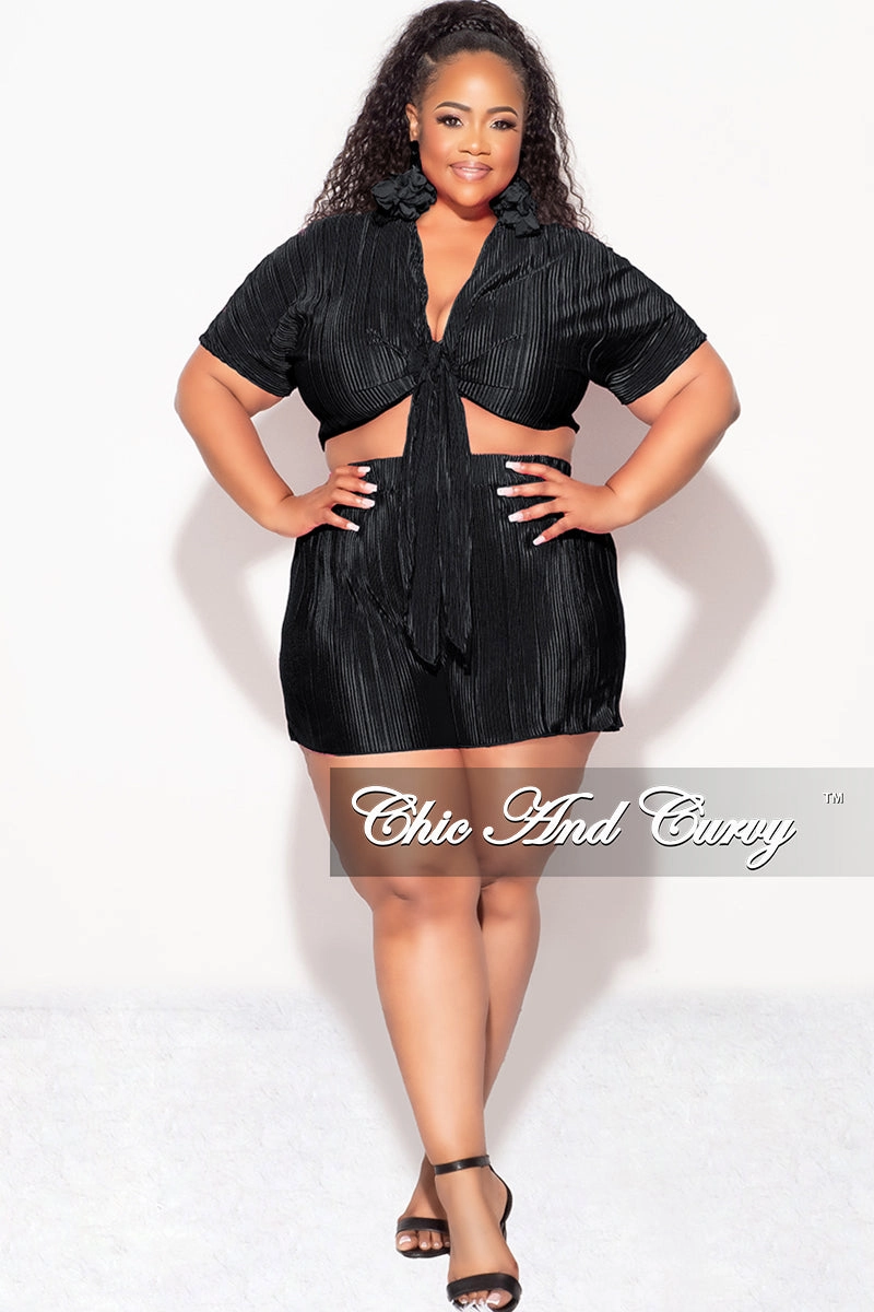 Final Sale Plus Size 2pc Pleated Crop Tie Top & Short Set in Black Lined interior All Purpose Wear