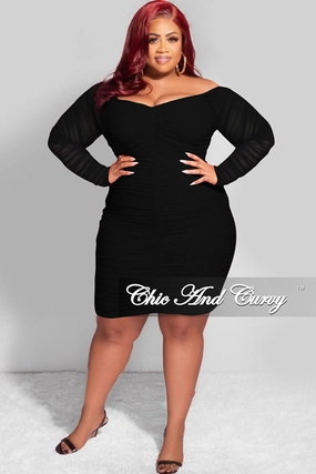NoTagLabel Final Sale Plus Size Ruched Off The Shoulder Mini Dress in Black Mesh