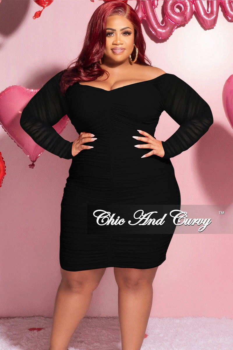 Final Sale Plus Size Ruched Off The Shoulder Mini Dress in Black Mesh Anti Slip Shoulder Padding