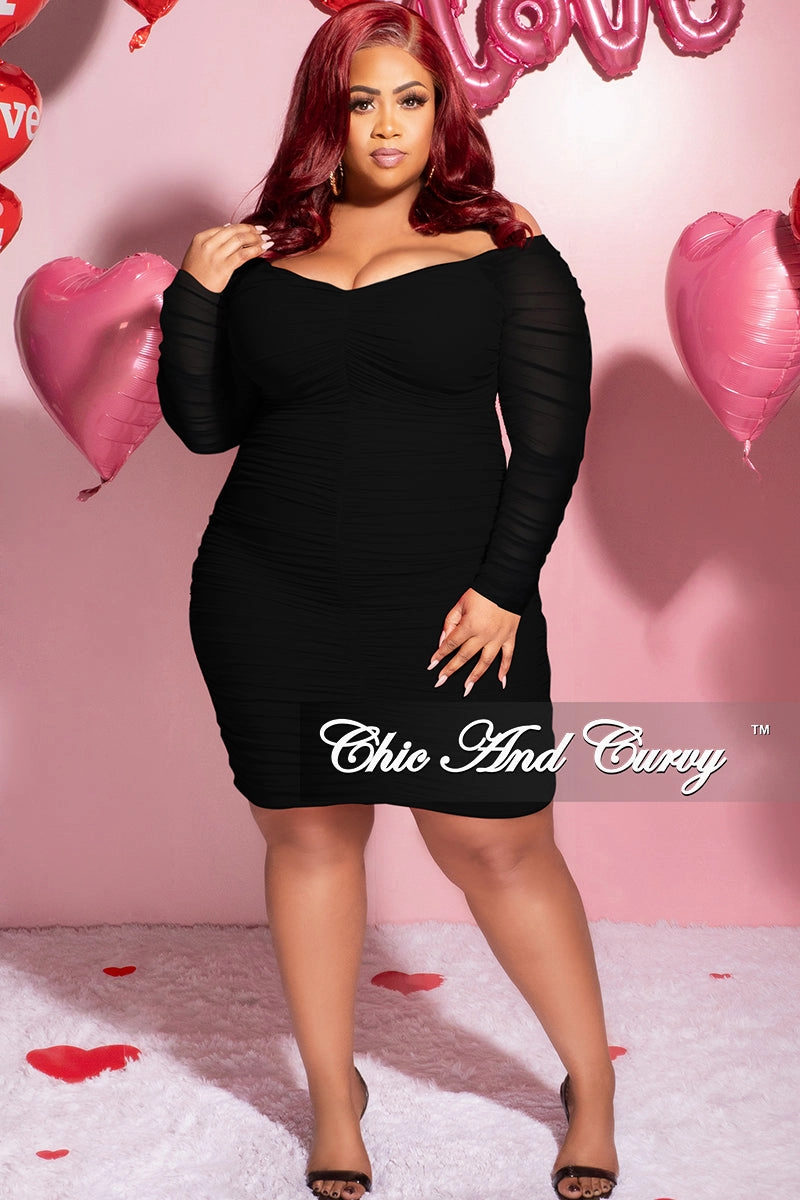 AllDaySoftness Final Sale Plus Size Ruched Off The Shoulder Mini Dress in Black Mesh