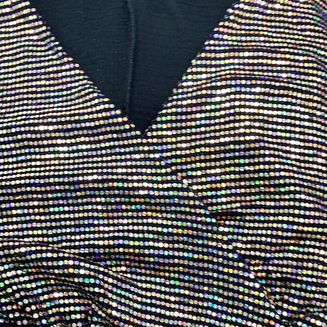 Final Sale Plus Size Confetti Dot Knit Sequin Faux Wrap Gown With Front Slit In Gold with Black Background DurableWeave