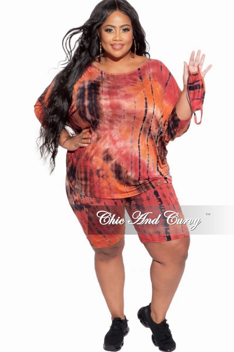 Final Sale Plus Size 2-Piece (Oversize Top & Bermuda Short) Set in Red, Orange, & Brown Tie Dye Print Urban Edge