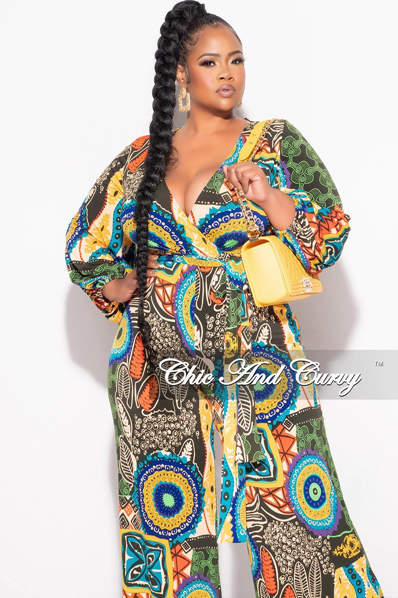 Final Sale Plus Size Faux Wrap Jumpsuit with Waist Tie in Multi Color Design Print Breathable fabric