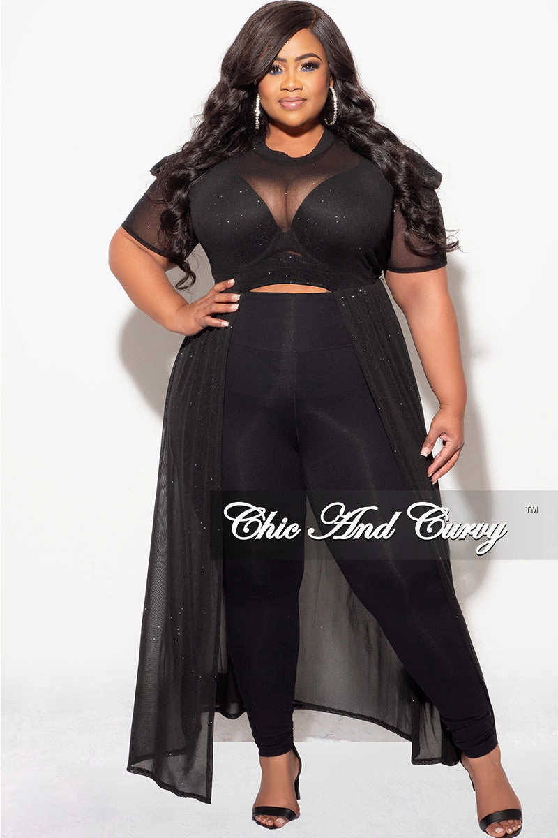 Final Sale Plus Size Mesh Top with Train in Black Glitter Drop Shoulder Cut RecycledPolyesterBlend
