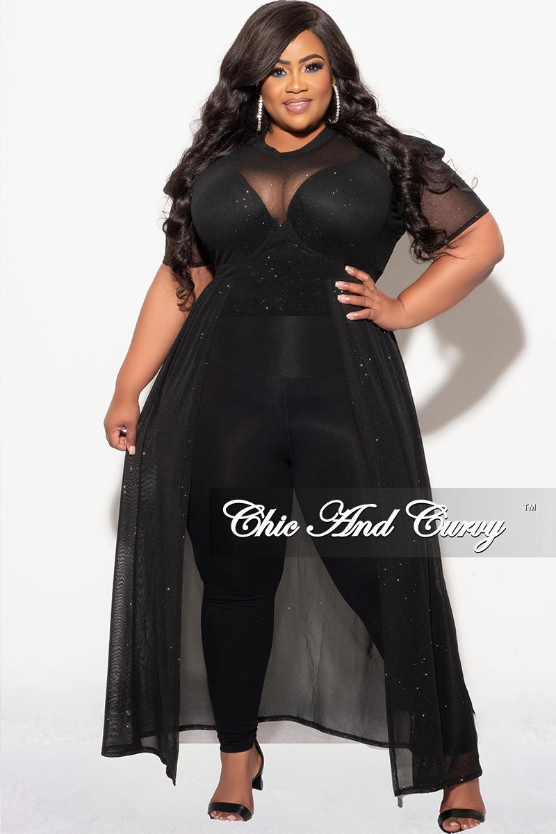 Final Sale Plus Size Mesh Top with Train in Black Glitter Comfortable Look BoxyCrop