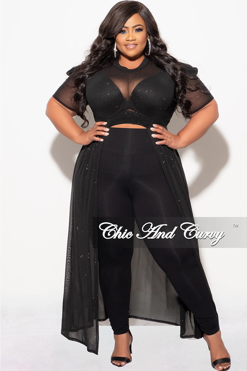 Relaxed Tee Laser Cut Edges Final Sale Plus Size Mesh Top with Train in Black Glitter