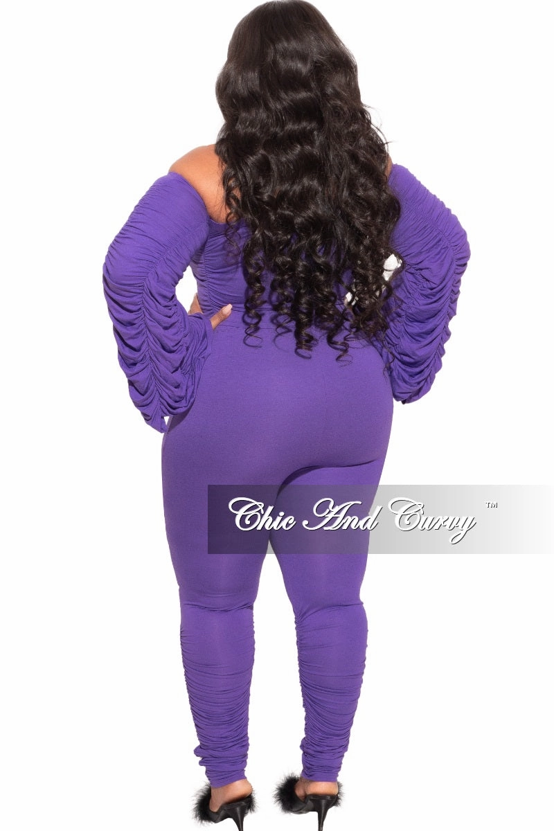 Comfortable Stretch Movement Ease Final Sale Plus Size 2-Piece Set Ruched Top and Pants Set in Purple