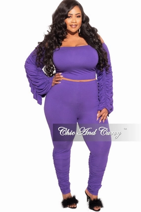 Final Sale Plus Size 2-Piece Set Ruched Top and Pants Set in Purple ArticulatedJoints Cozy Material