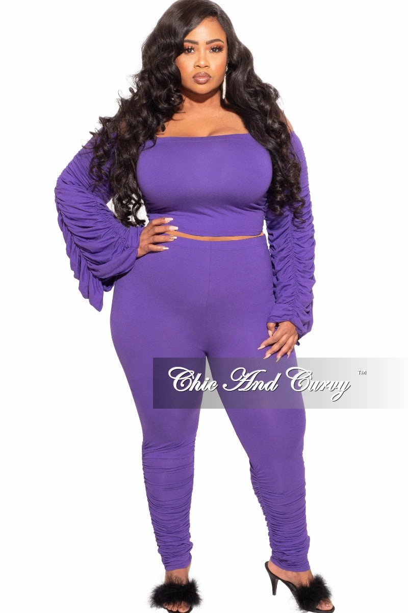 Final Sale Plus Size 2-Piece Set Ruched Top and Pants Set in Purple Modular Attachment