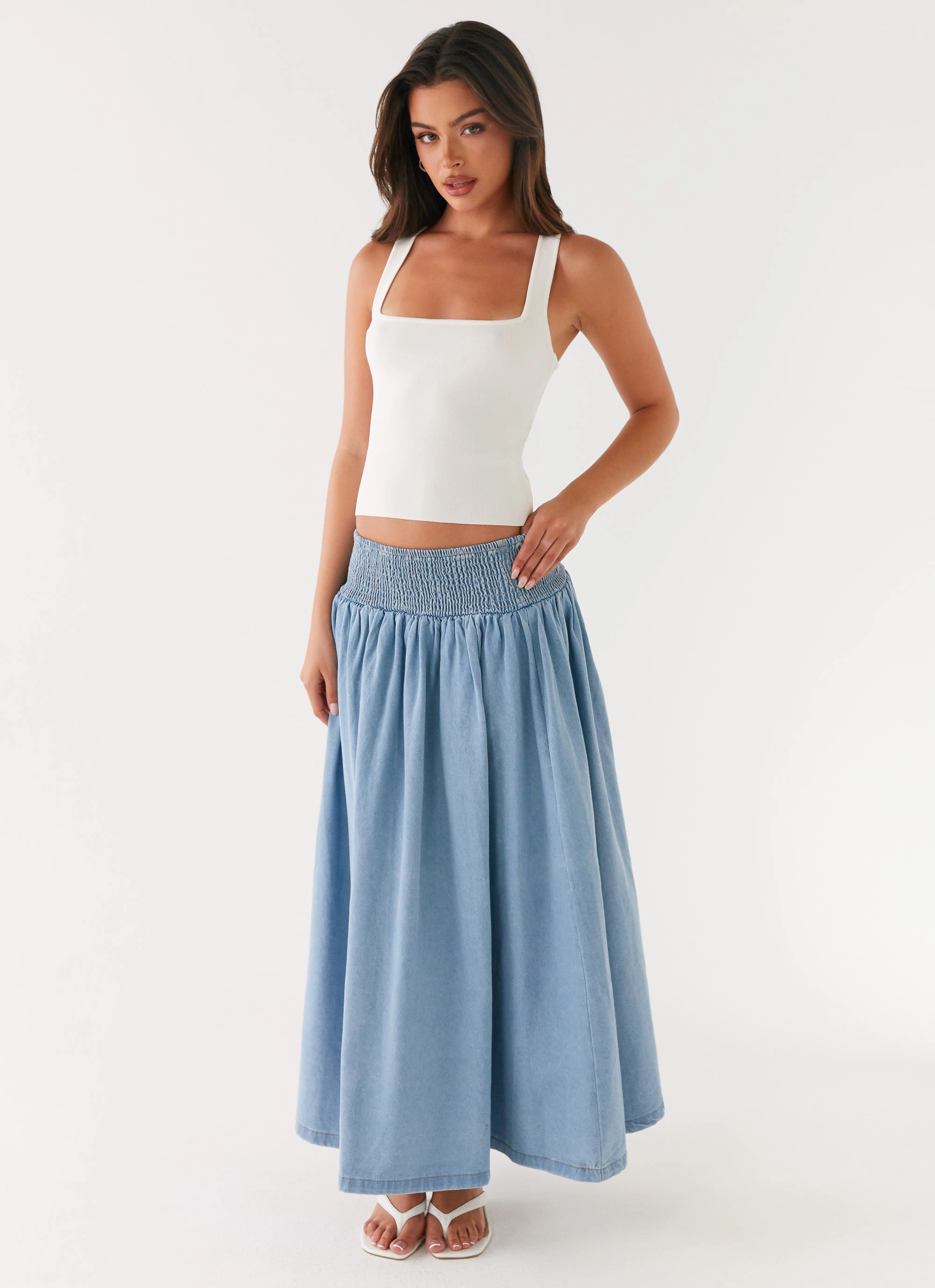 All-Purpose Comfort Heater Midi Skirt - Washed Blue
