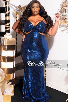 Stretch Comfort GarmentDyed Final Sale Plus Size Spaghetti Strap Sequin Gown with Cut Outs in Royal Blue