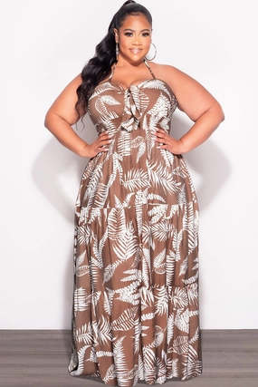 Final Sale Plus Size Halter Tiered Dress in Brown and White Leaf Print Active Fit