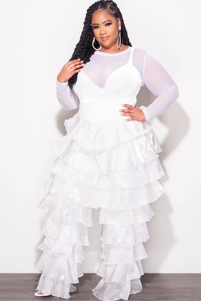 Breathable fabric Final Sale Plus Size High Waist Ruffle Pants in White