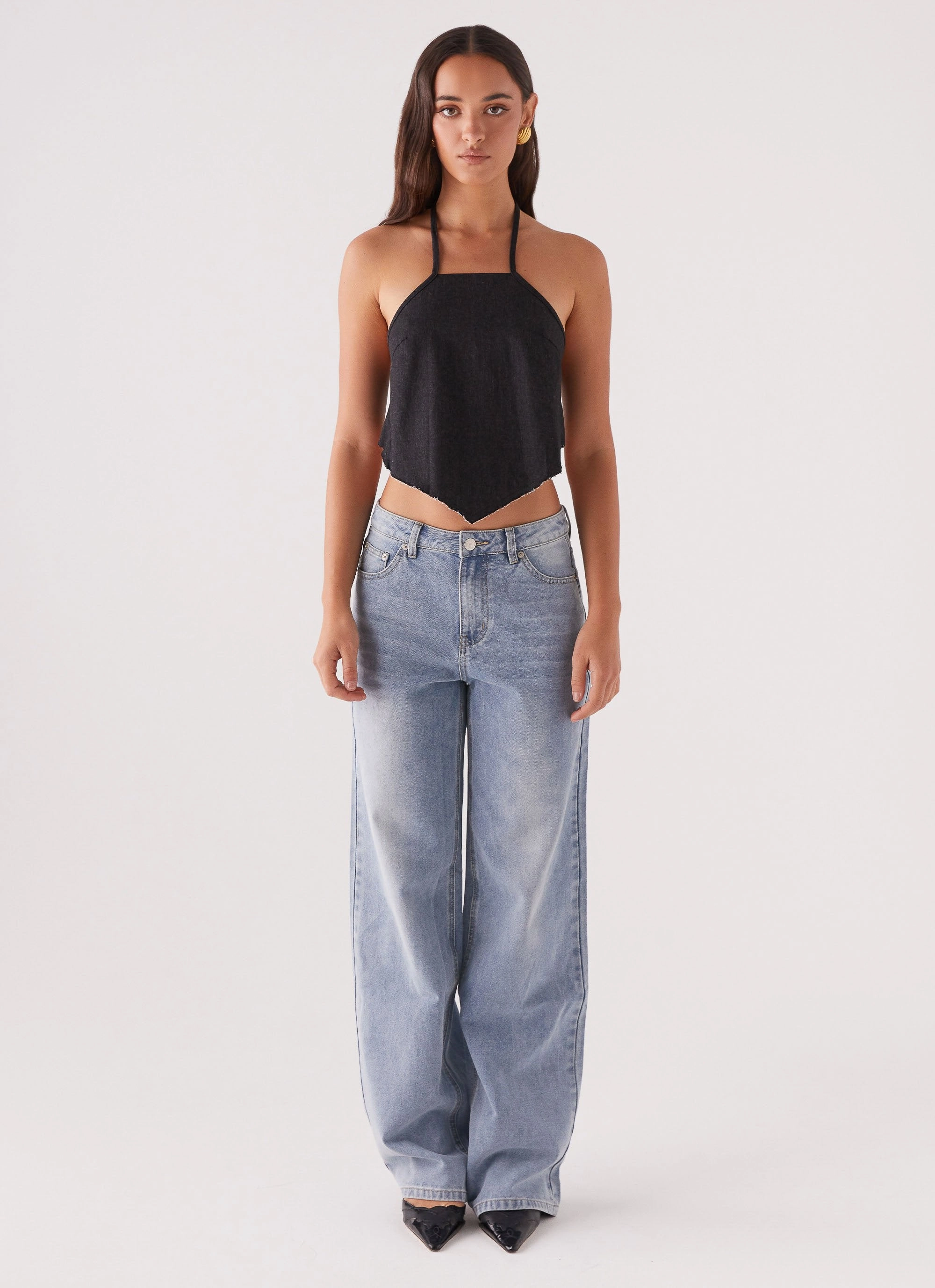 Rexi Halter Denim Top - Washed Black Loose Sweater HeatRegulating