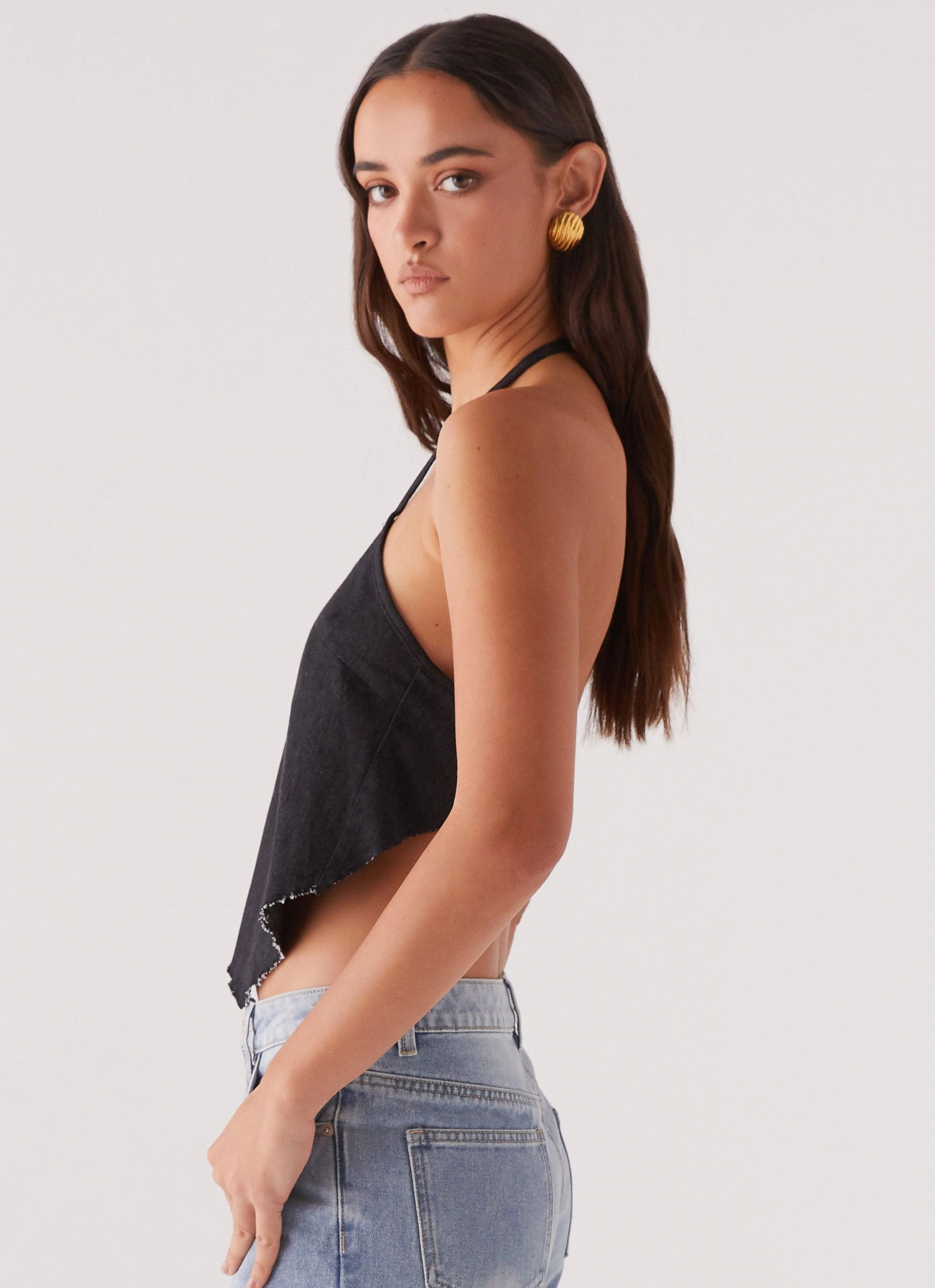 Adjustable Hem Cuff NonRestrictive Rexi Halter Denim Top - Washed Black