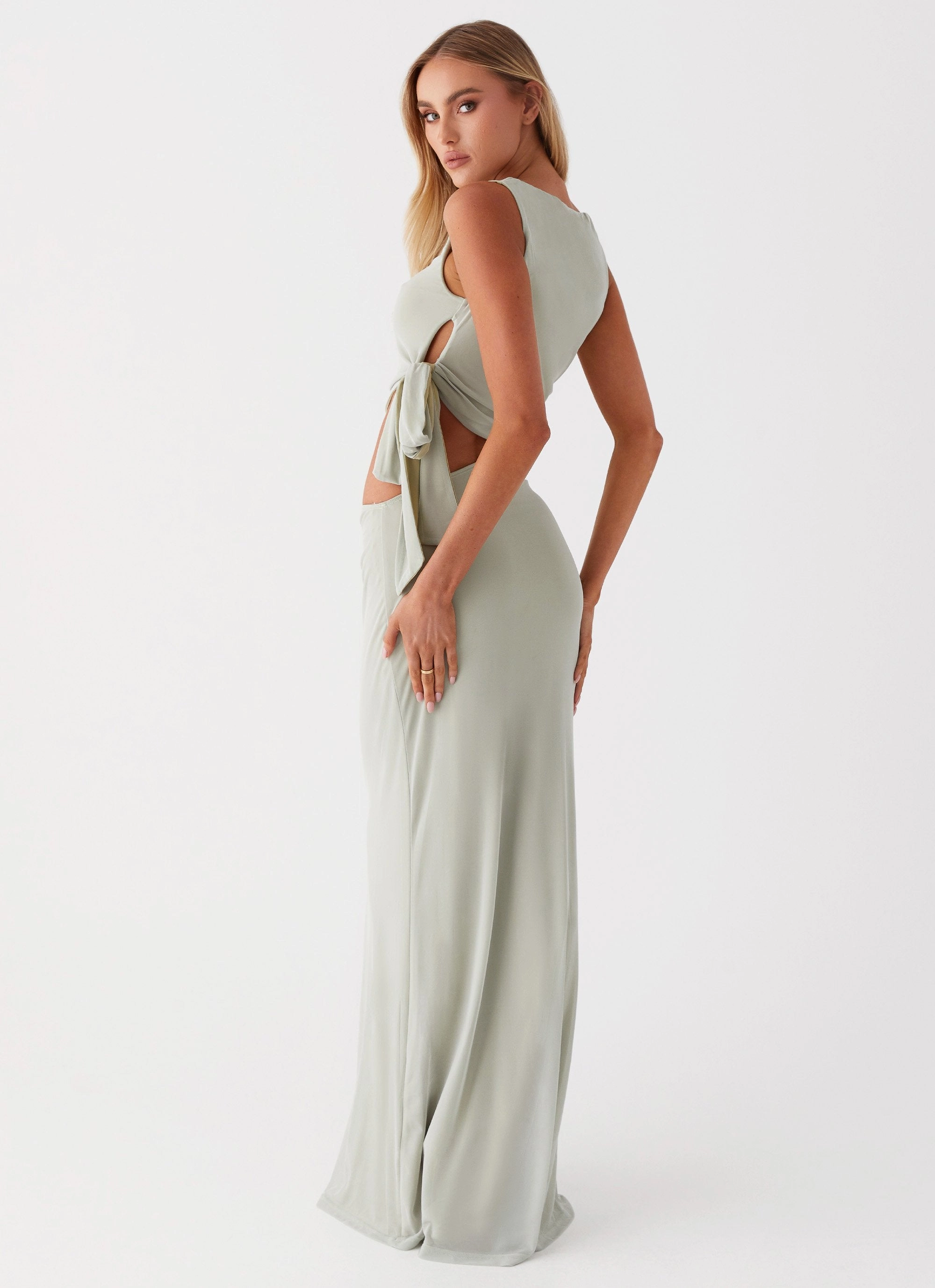 Polished Motion Mesh-Sleeve Sidney Maxi Dress - Sage