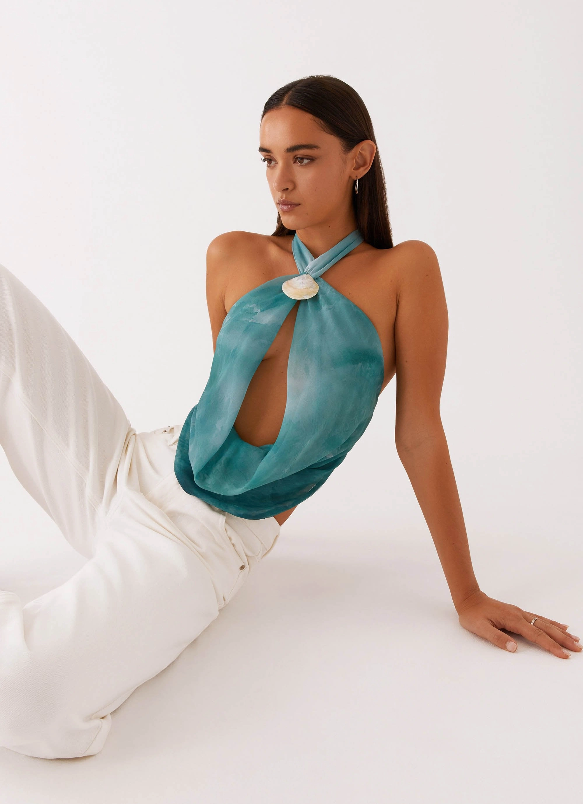 Zola Cowl Neck Shell Top - Green Tie Dye Tailored Silhouette
