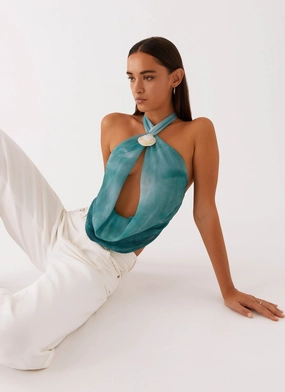 Zola Cowl Neck Shell Top - Green Tie Dye Tailored Silhouette