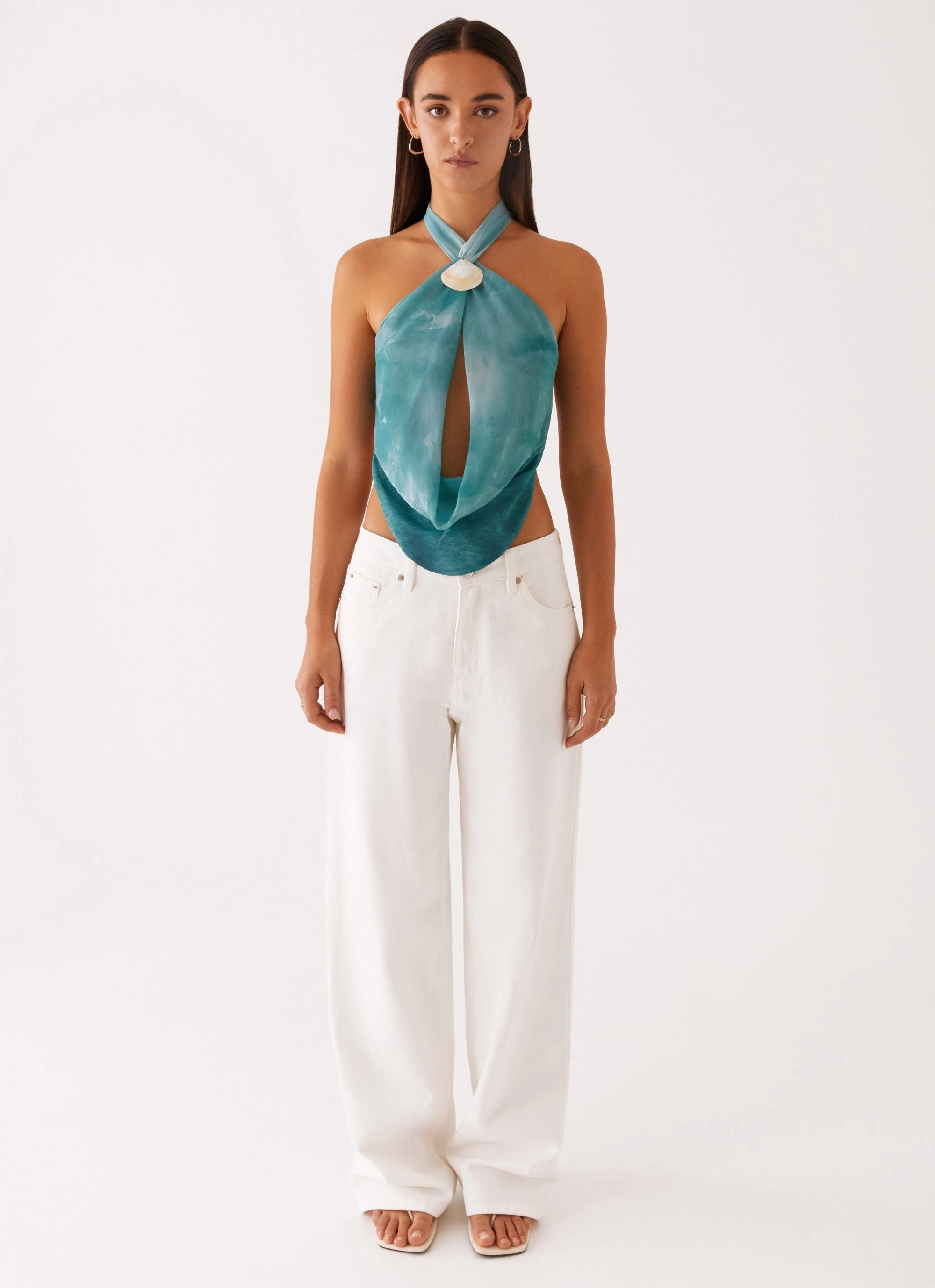 Classic Tank Zola Cowl Neck Shell Top - Green Tie Dye