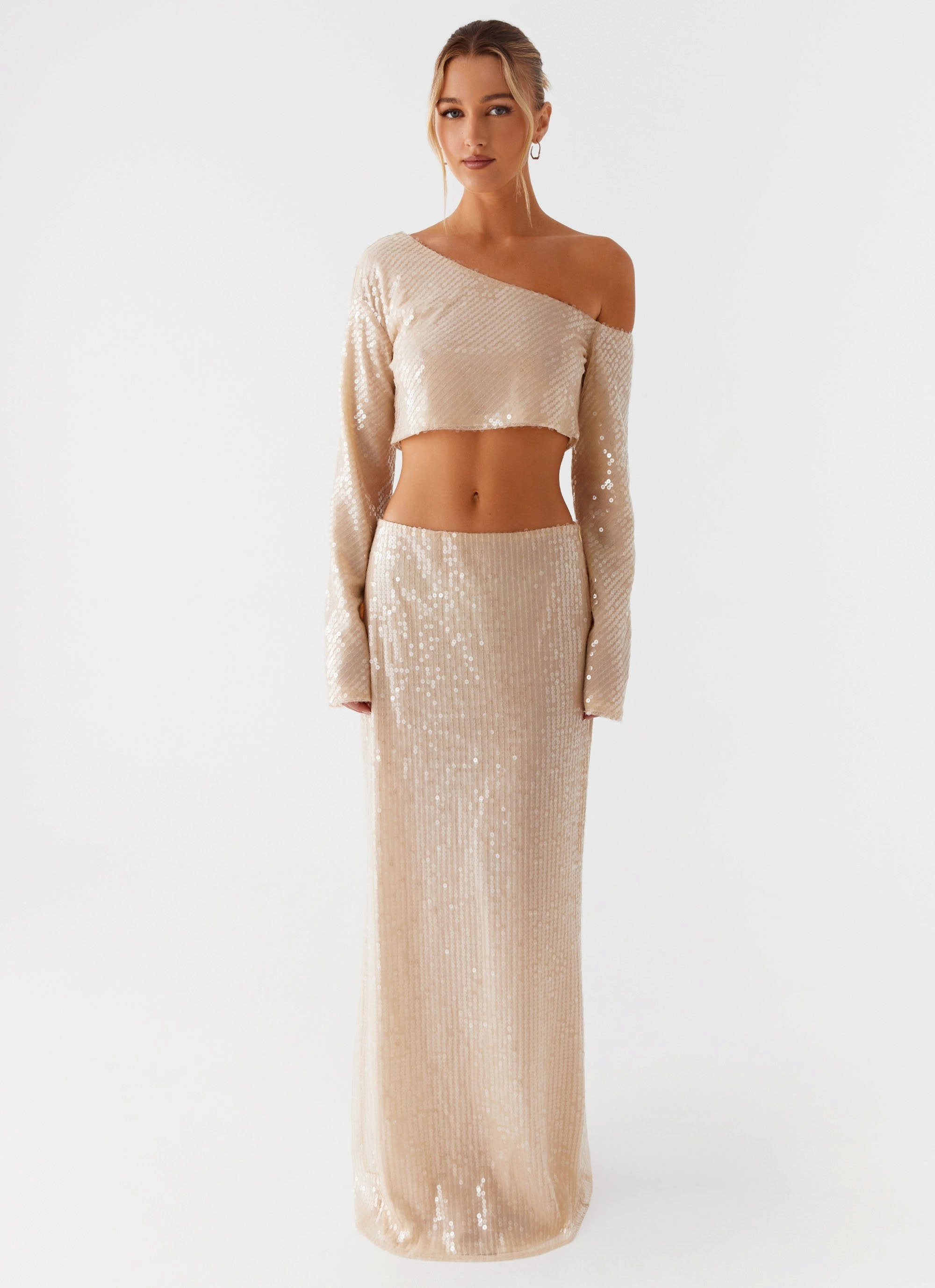 Bohemian style Wisteria Off Shoulder Long Sleeve Sequin Top - Champagne