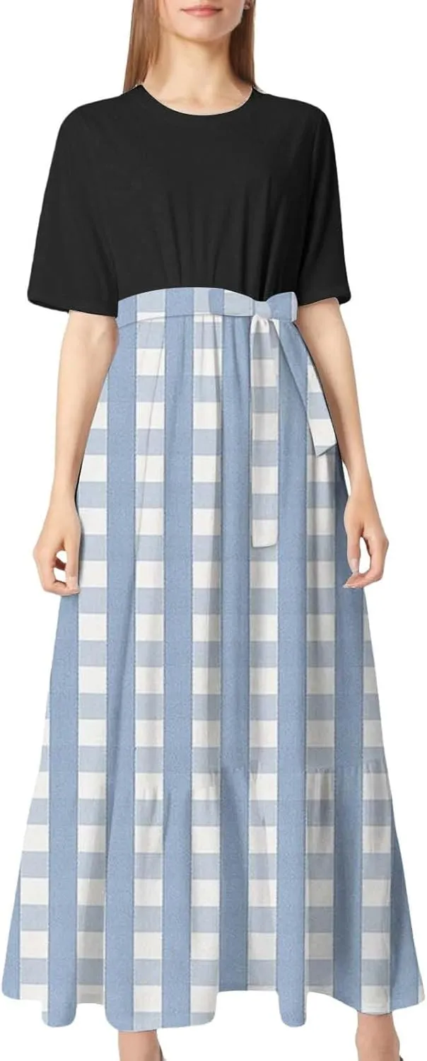 XOWRTE Summer Maxi Dresses for Women 2025 Casual Round Neck T-Shirt Short Sleeve Smocked Flowy Beach Boho Long Floral Dress