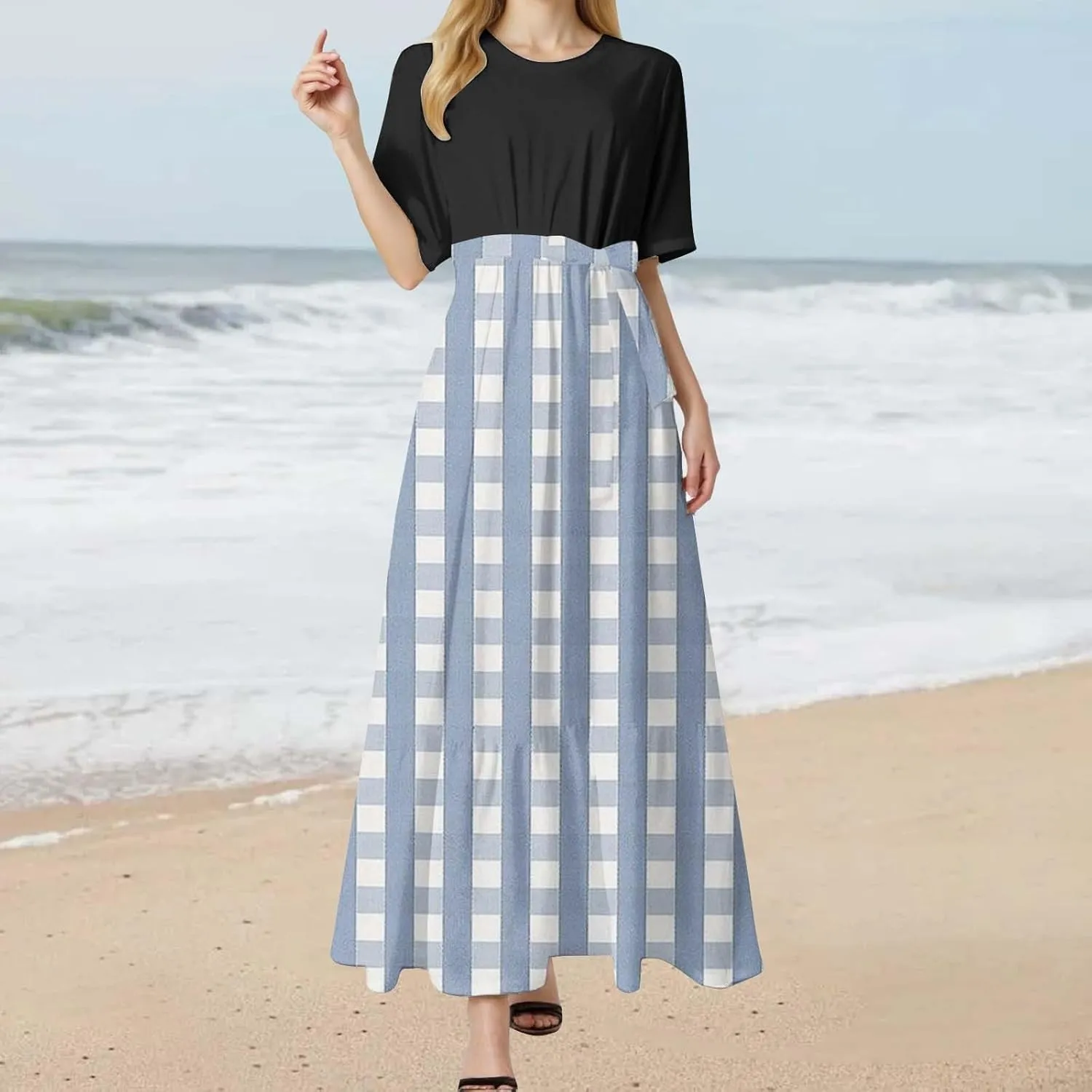 XOWRTE Summer Maxi Dresses for Women 2025 Casual Round Neck T-Shirt Short Sleeve Smocked Flowy Beach Boho Long Floral Dress