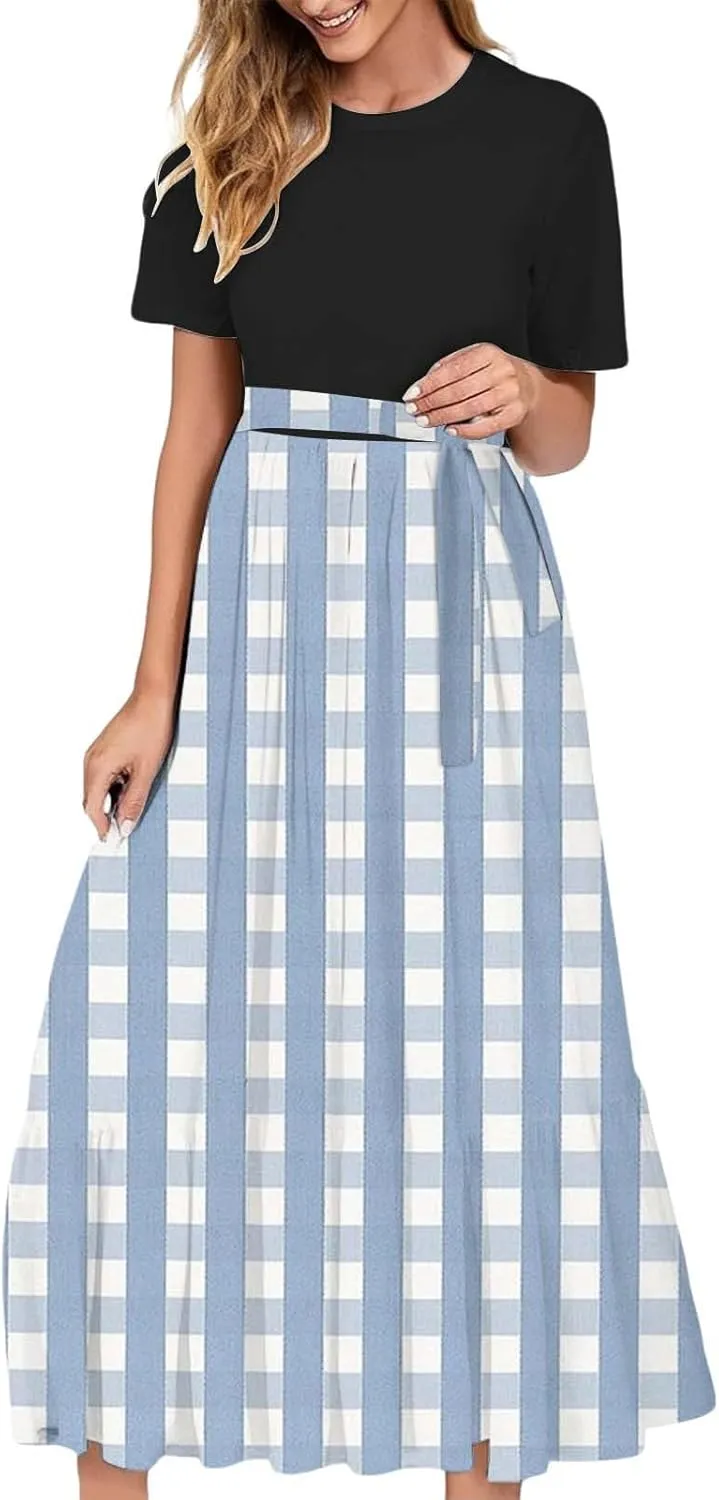 XOWRTE Summer Maxi Dresses for Women 2025 Casual Round Neck T-Shirt Short Sleeve Smocked Flowy Beach Boho Long Floral Dress