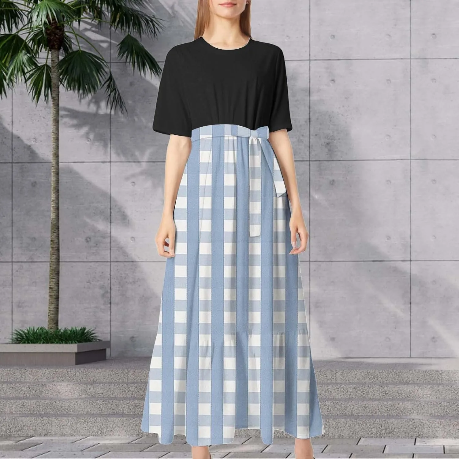 XOWRTE Summer Maxi Dresses for Women 2025 Casual Round Neck T-Shirt Short Sleeve Smocked Flowy Beach Boho Long Floral Dress