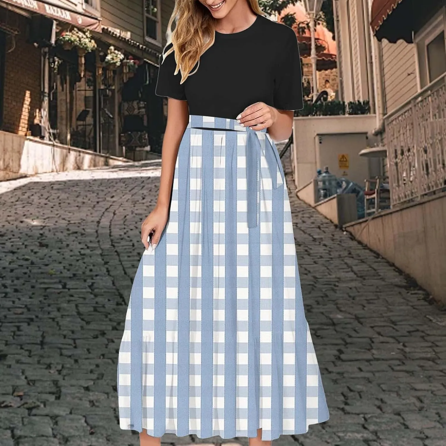 XOWRTE Summer Maxi Dresses for Women 2025 Casual Round Neck T-Shirt Short Sleeve Smocked Flowy Beach Boho Long Floral Dress