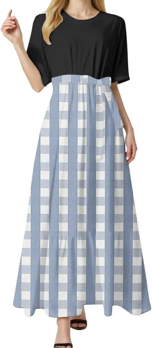 XOWRTE Summer Maxi Dresses for Women 2025 Casual Round Neck T-Shirt Short Sleeve Smocked Flowy Beach Boho Long Floral Dress