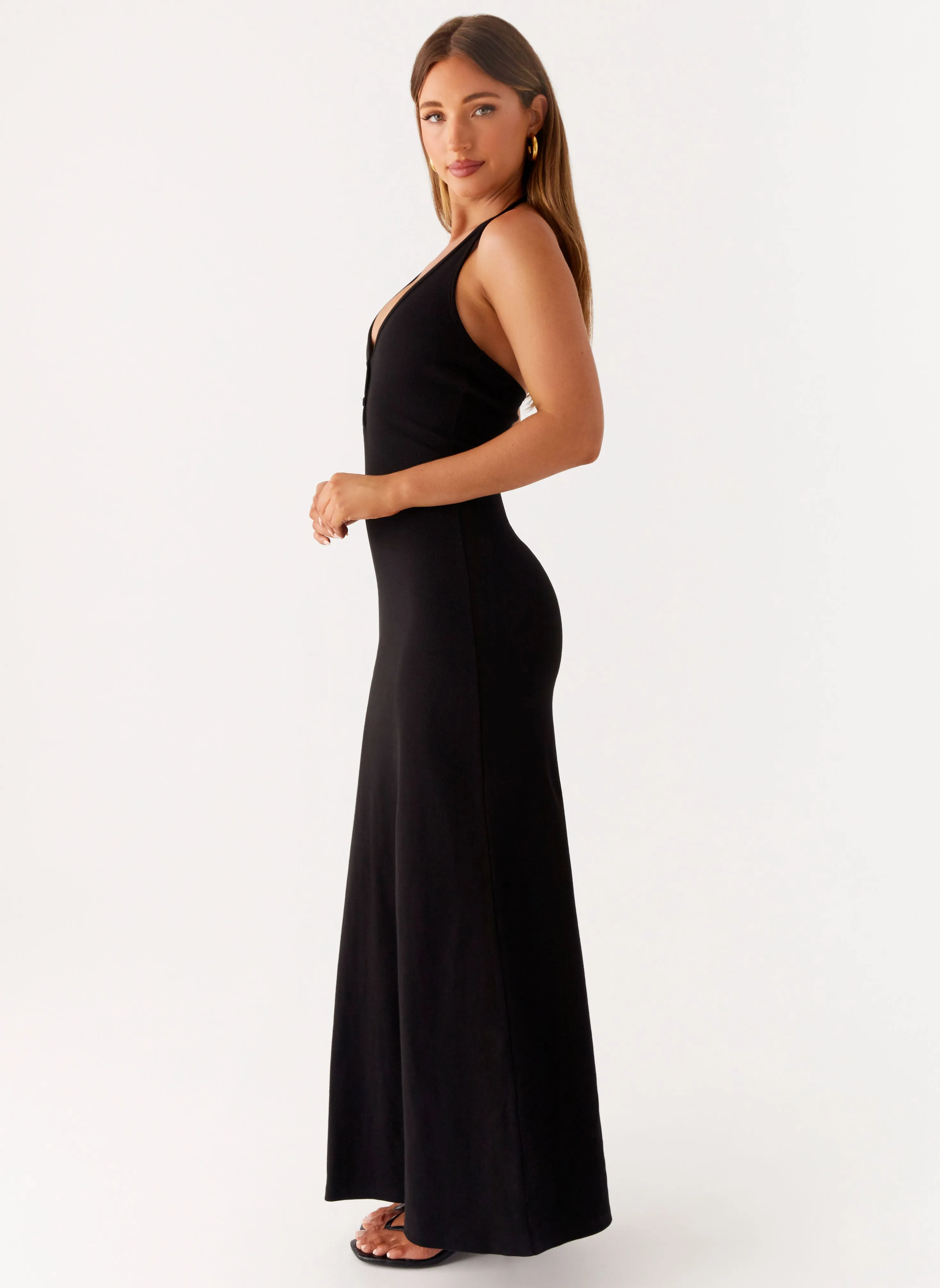 Yaselle Button Front Maxi Dress - Black Comfy Design