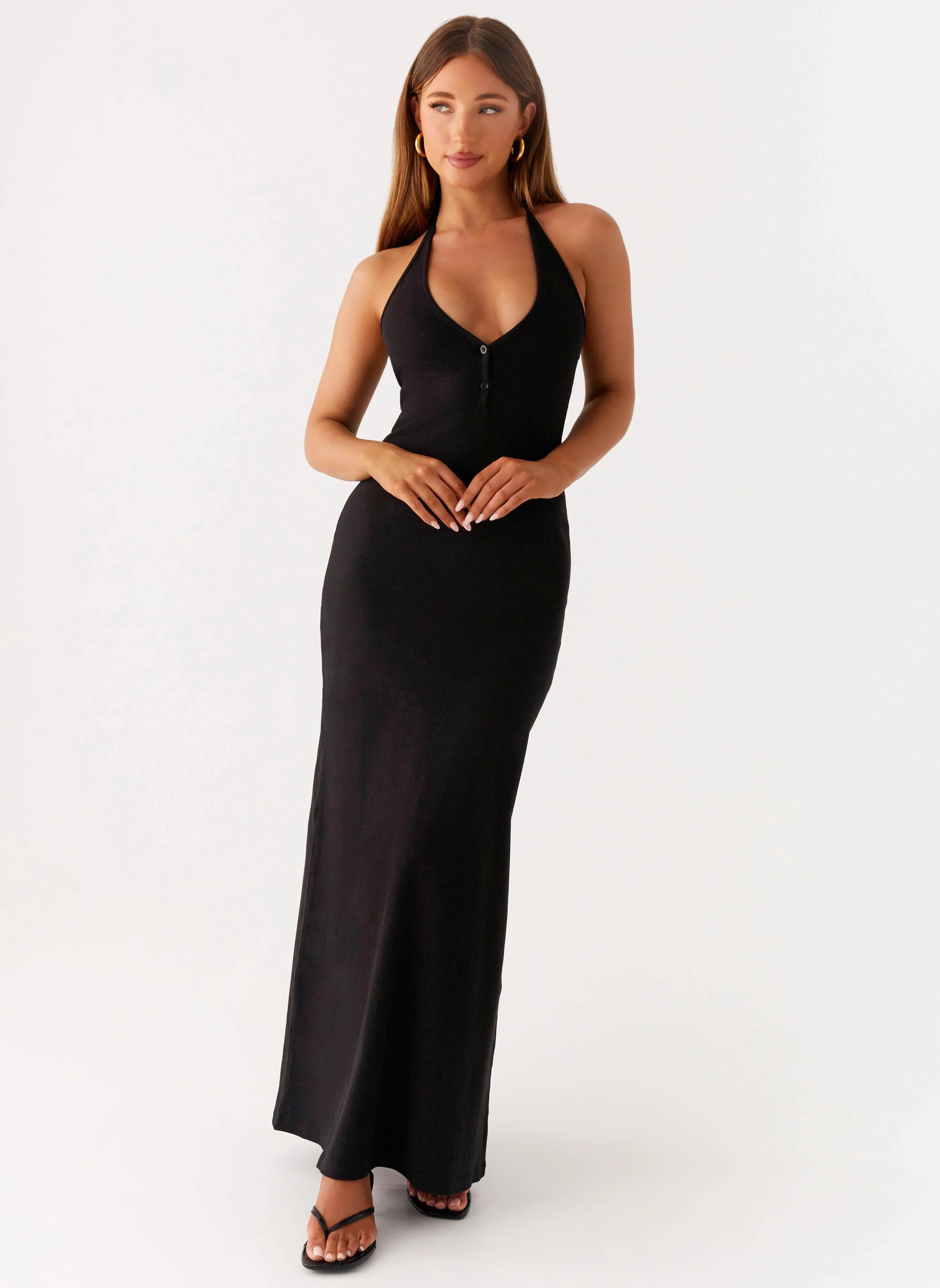 Yaselle Button Front Maxi Dress - Black Fall Comfort