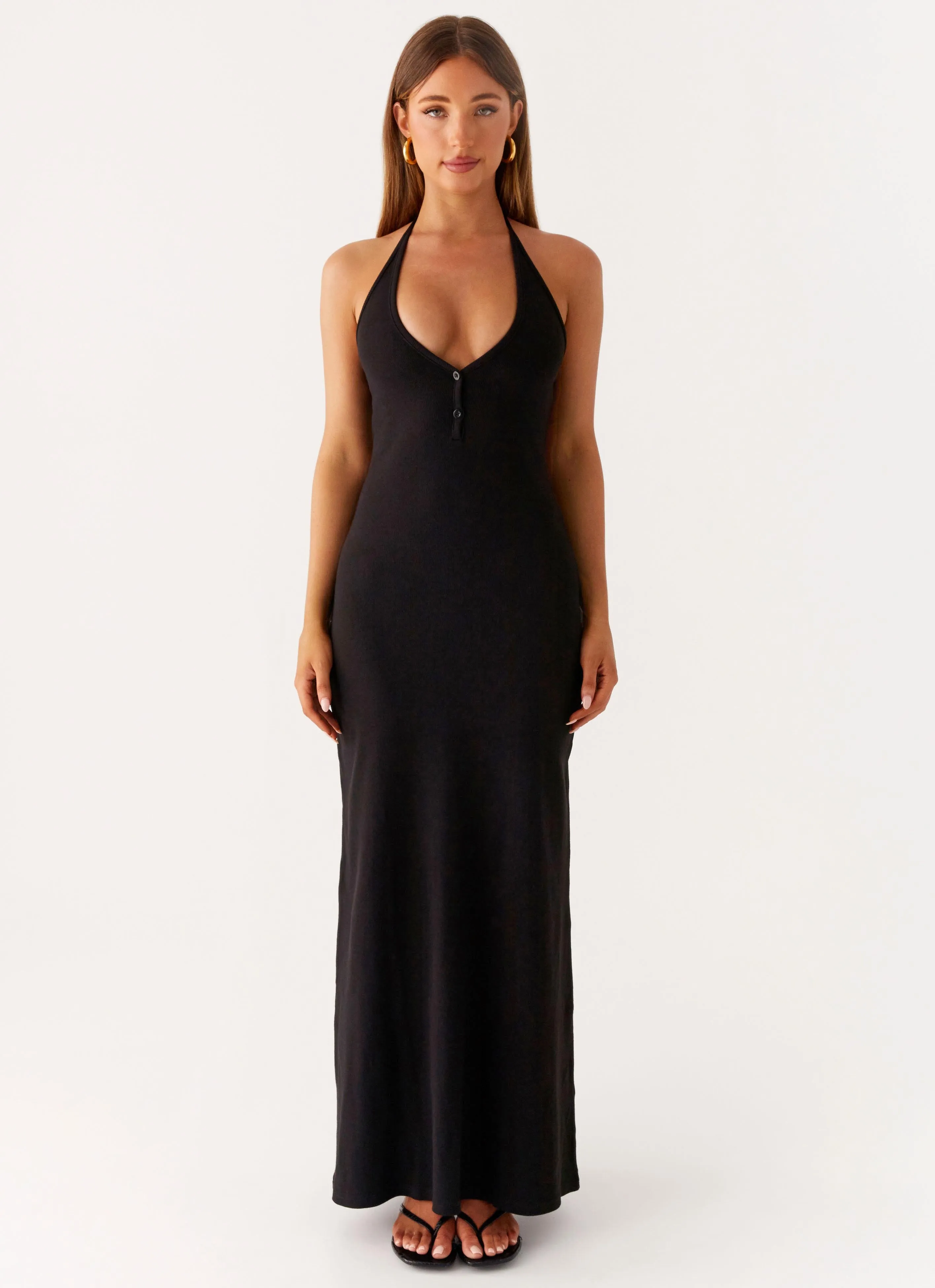 Yaselle Button Front Maxi Dress - Black Gentle Fit Polished Design