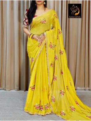 Yellow Chiffon Silk Saree with Embroidery Work