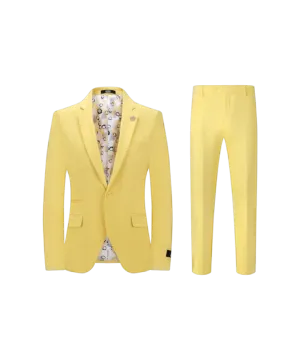 Yellow men's slim fit suit one button notch lapel flat front pants stretch fabric