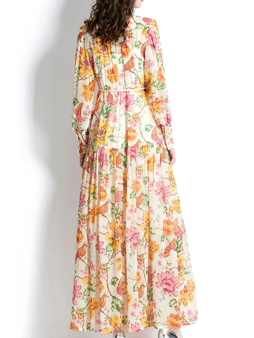 Yellow Stand Collar Floral Print Long Sleeve Boho Dress Maxi Dress