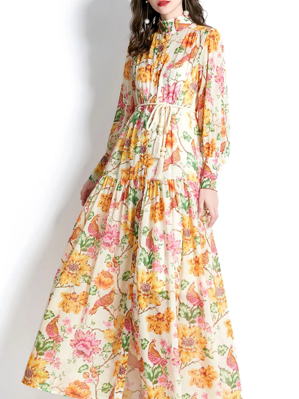 Yellow Stand Collar Floral Print Long Sleeve Boho Dress Maxi Dress