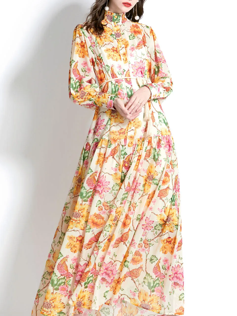 Yellow Stand Collar Floral Print Long Sleeve Boho Dress Maxi Dress