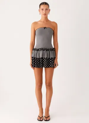 Yerin Strapless Frill Mini Dress - Grey Polkadot Elastic-Cuff
