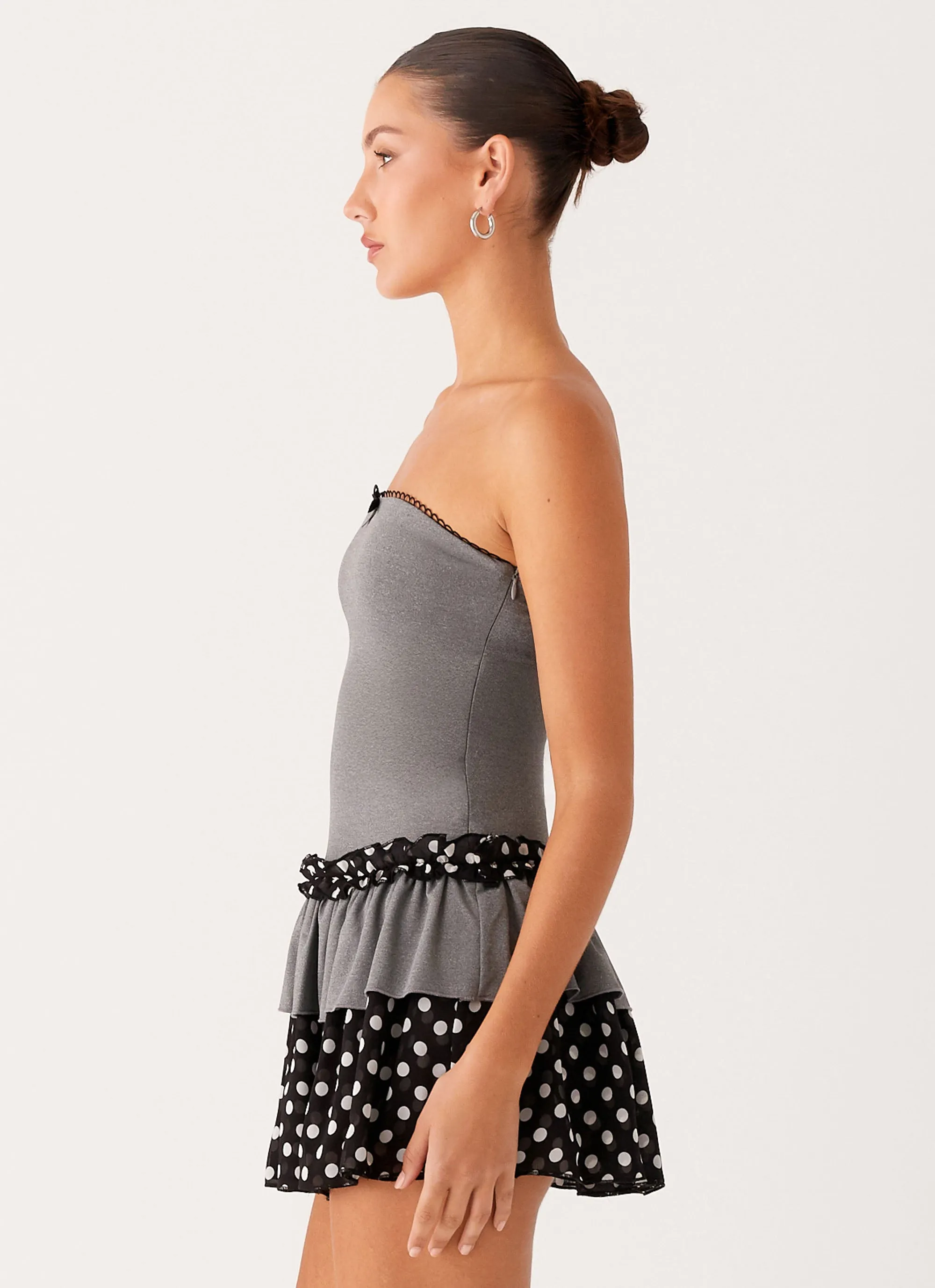 Yerin Strapless Frill Mini Dress - Grey Polkadot Quick Look