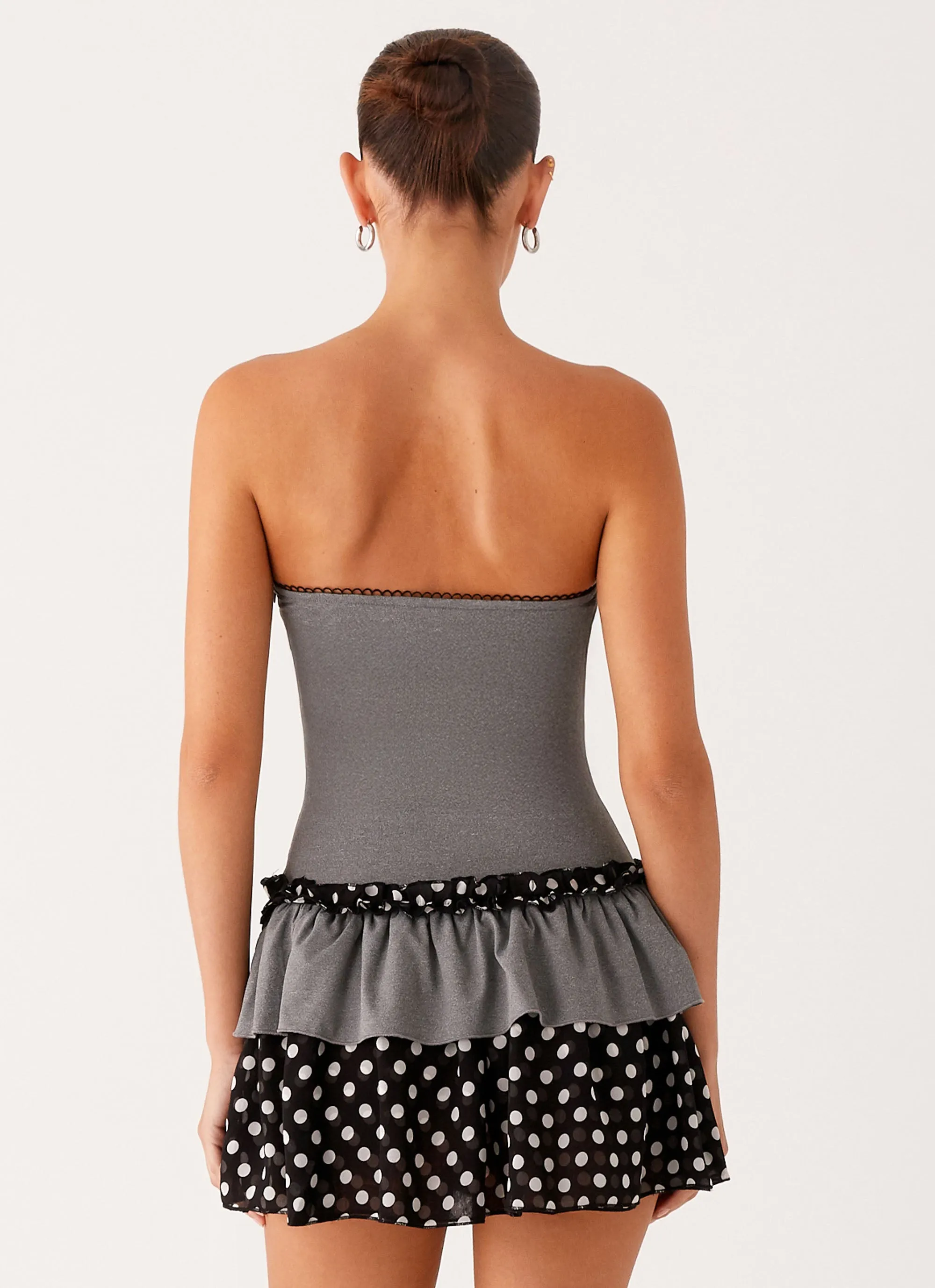 Daily Chic Bold Look Yerin Strapless Frill Mini Dress - Grey Polkadot