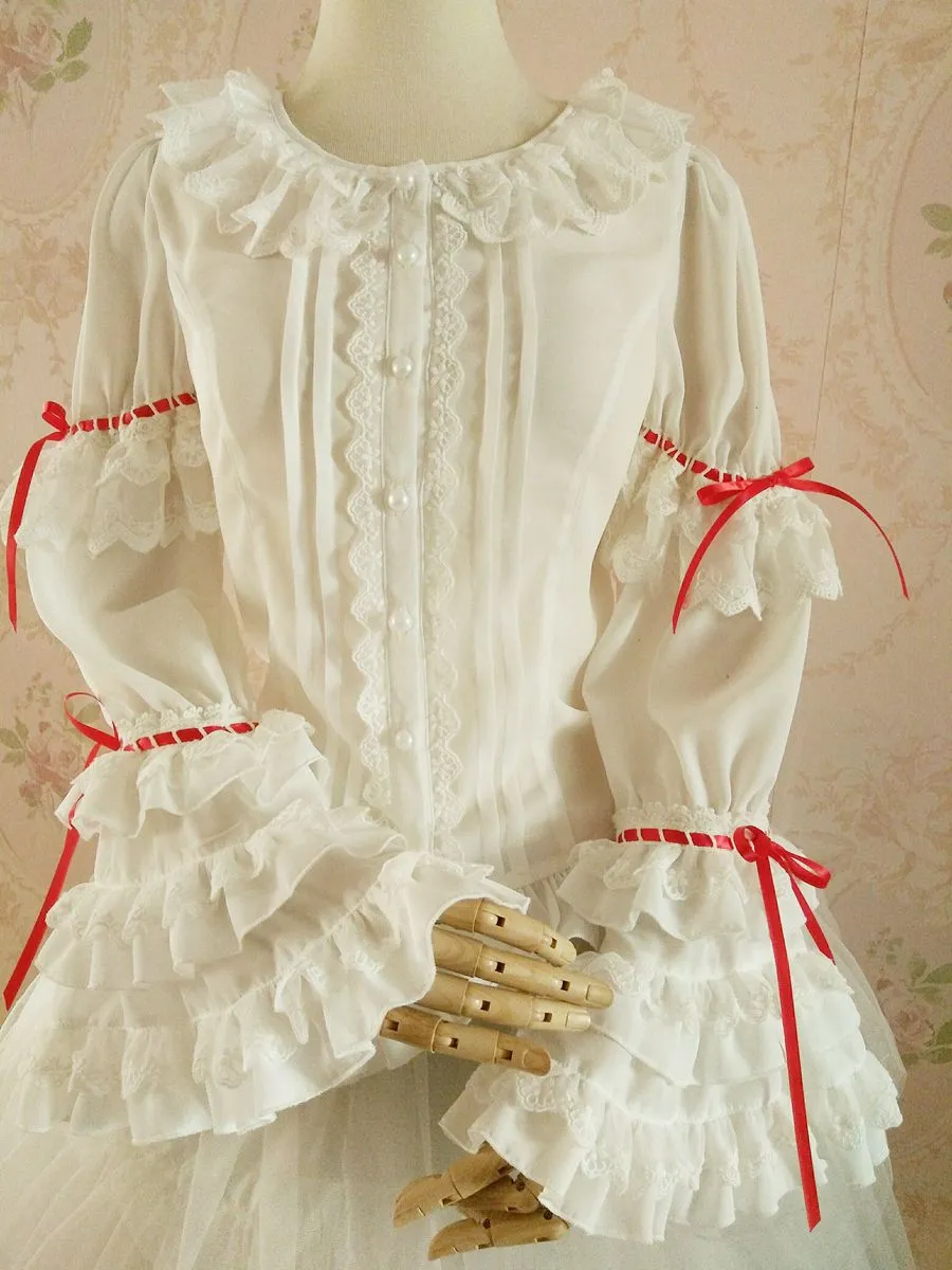 Yilia~Retro Red Bow Princess Long Sleeve Lolita Blouse