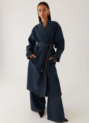 Yosemite Oversized Trench Coat - Blue Magnetic Fasteners Smooth Zipper Track