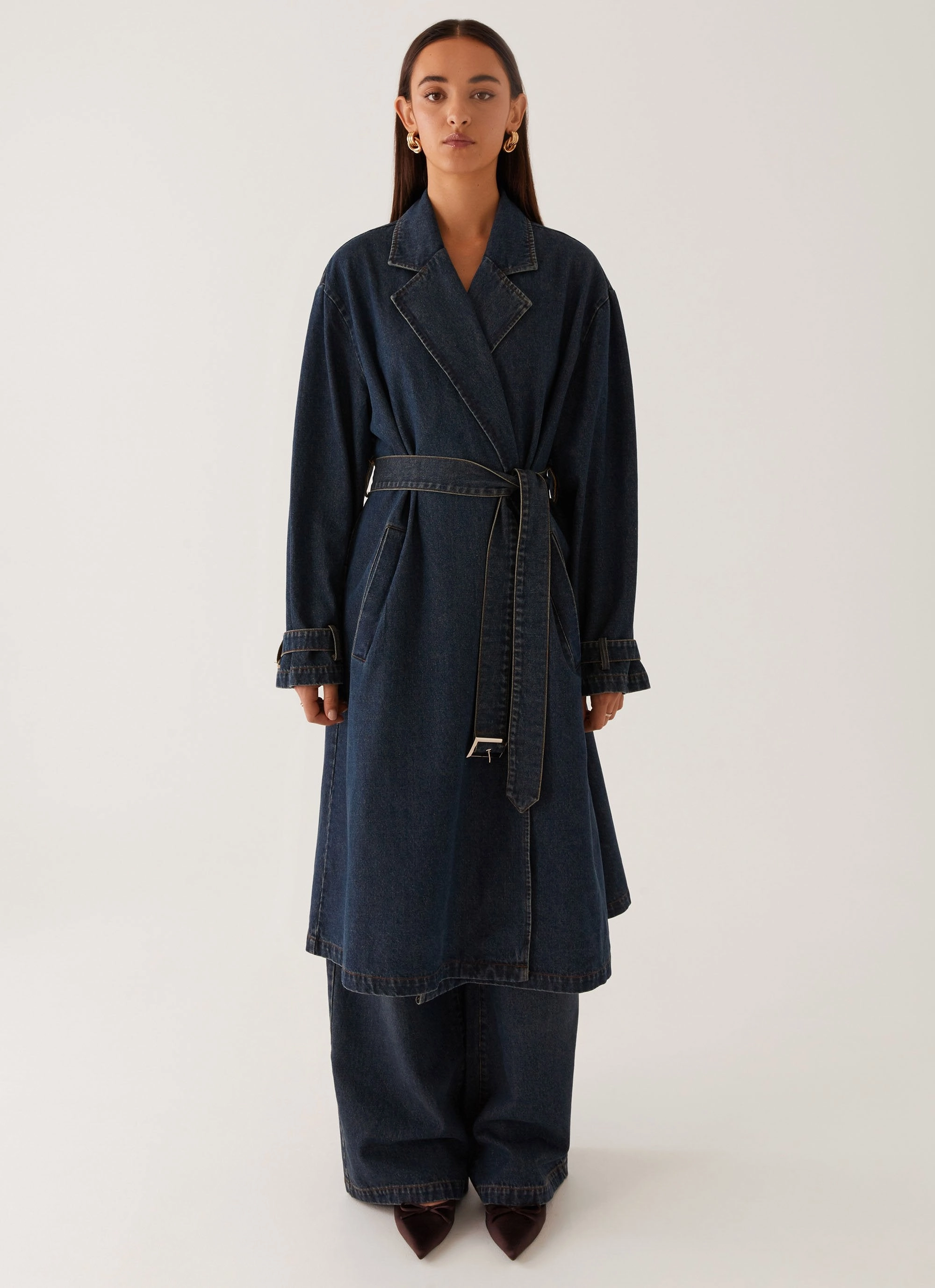 Yosemite Oversized Trench Coat - Blue Modern Drop Tail Hem Detachable Lining