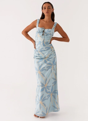 Cosmic Love Ruched Maxi Dress - Opulent Blue Flower Grace