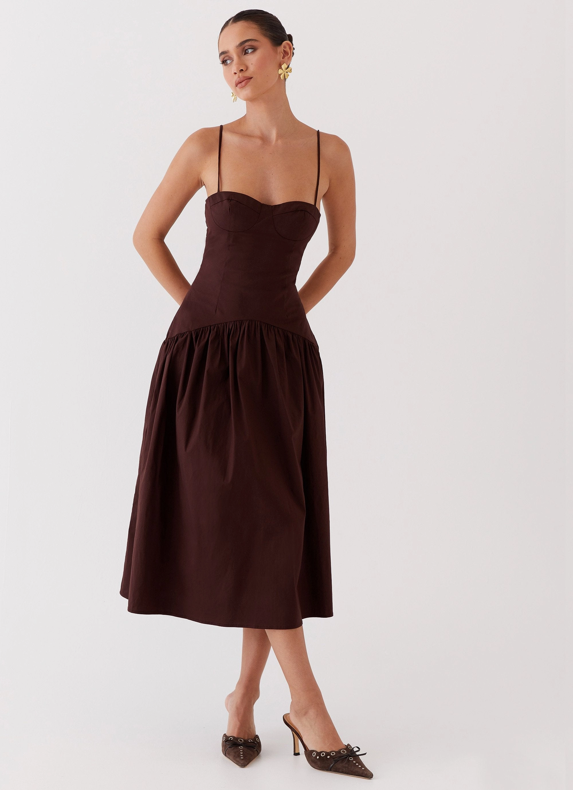 Machine-washable Yvette Corset Midi Dress - Chocolate