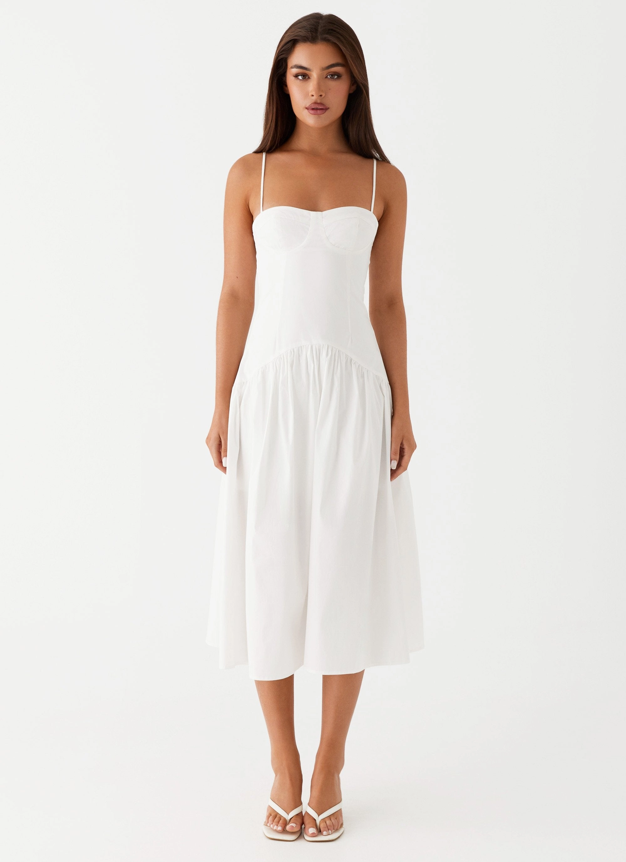 Yvette Corset Midi Dress - White Ruffle Detail